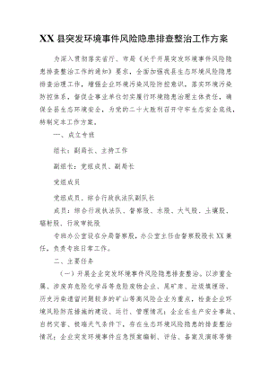 XX县突发环境事件风险隐患排查整治工作方案.docx