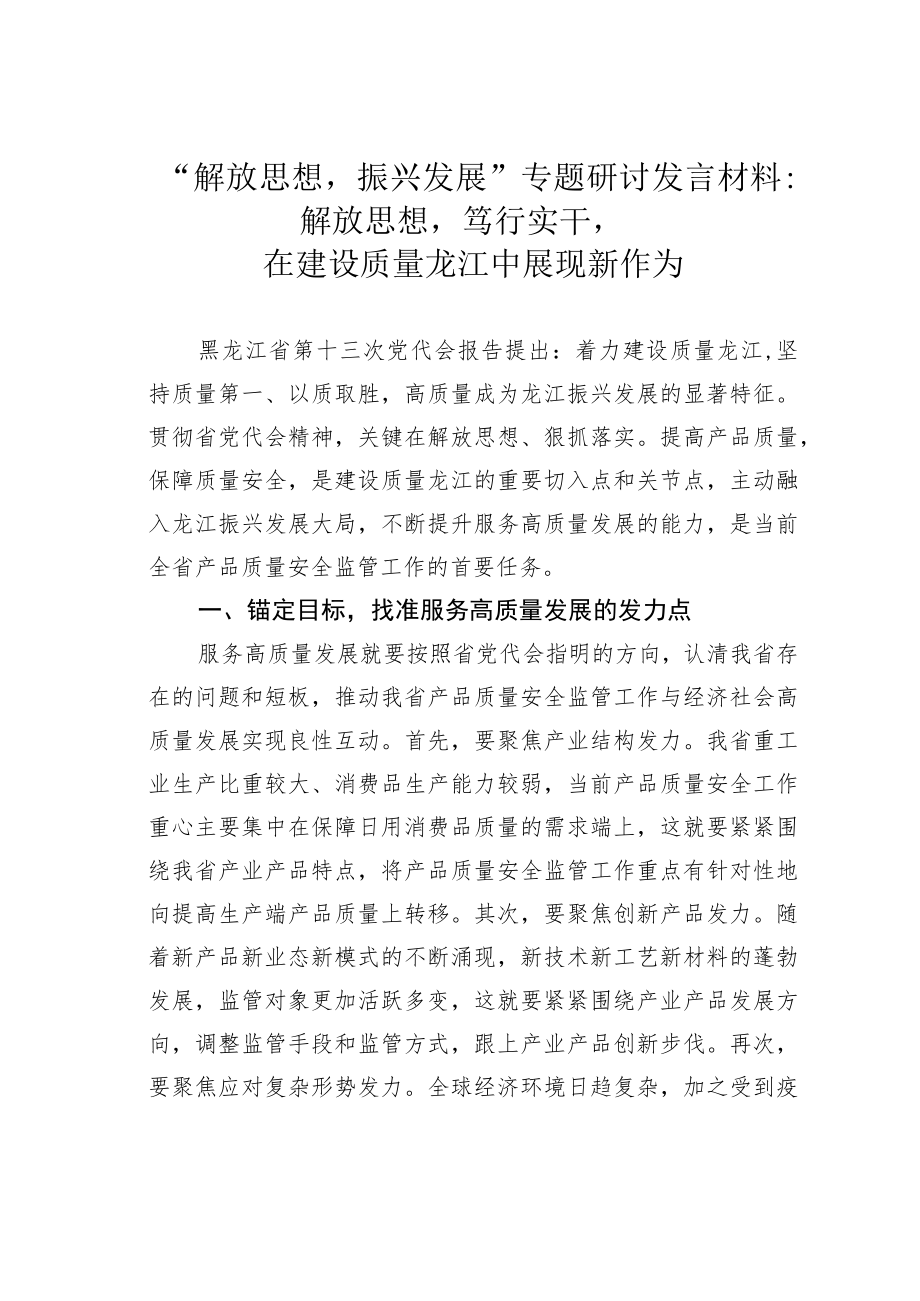 “解放思想振兴发展”专题研讨发言材料：解放思想笃行实干在建设质量龙江中展现新作为.docx_第1页