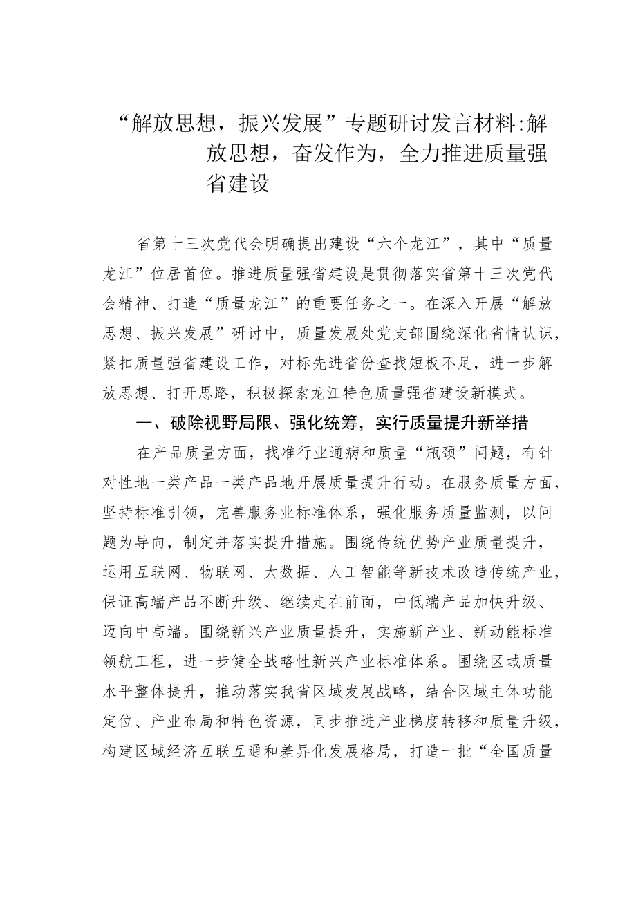 “解放思想振兴发展”专题研讨发言材料：解放思想奋发作为全力推进质量强省建设.docx_第1页