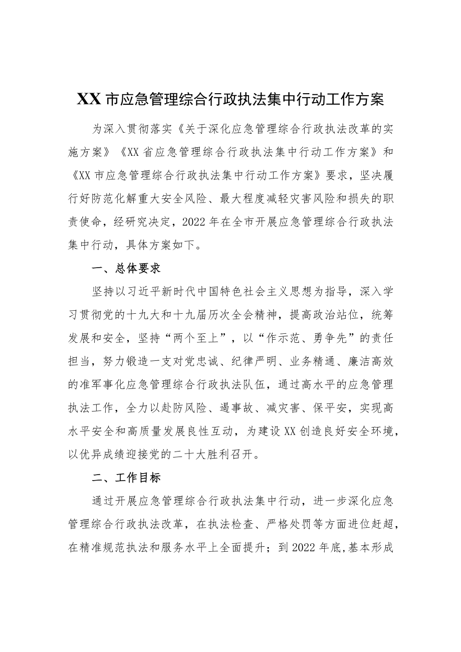 XX市应急管理局XX市应急管理综合行政执法集中行动工作方案.docx_第1页
