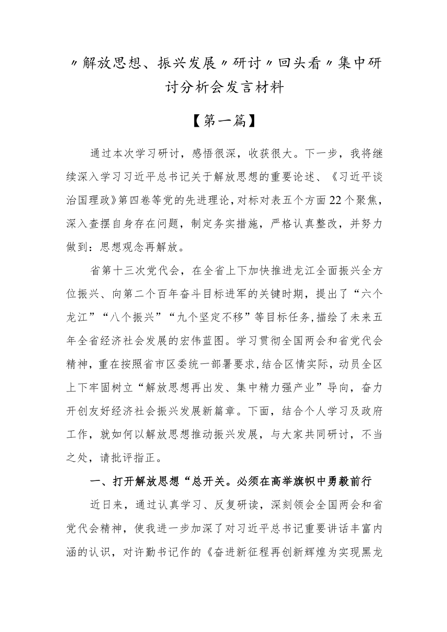 ”解放思想、振兴发展“研讨“回头看”集中研讨交流会发言材料【共五篇】.docx_第1页