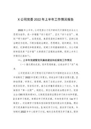 XX公司党委2022上半工作情况报告.docx