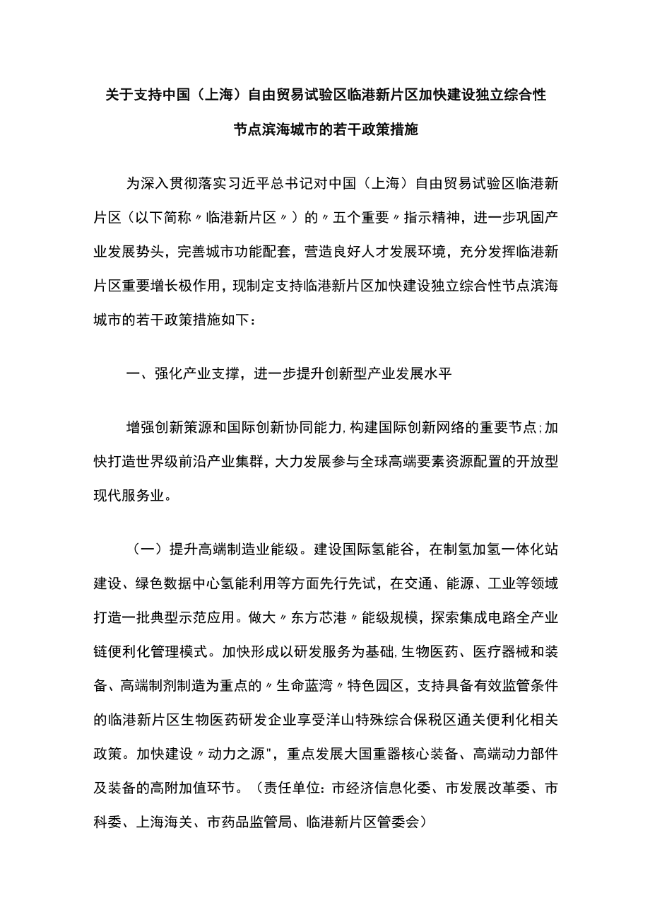 关于支持中国（上海）自由贸易试验区临港新片区加快建设独立综合性节点滨海城市的若干政策措施.docx_第1页