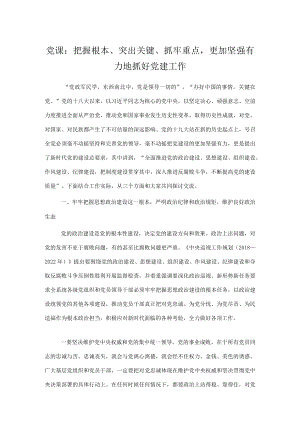 党课：把握根本、突出关键、抓牢重点更加坚强有力地抓好党建工作.docx