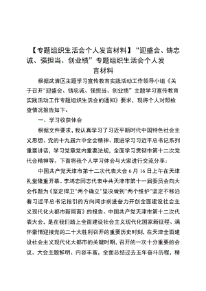 专题组织生活会个人发言材料“迎盛会、铸忠诚、强担当、创业绩”专题组织生活会个人检视剖析材料.docx