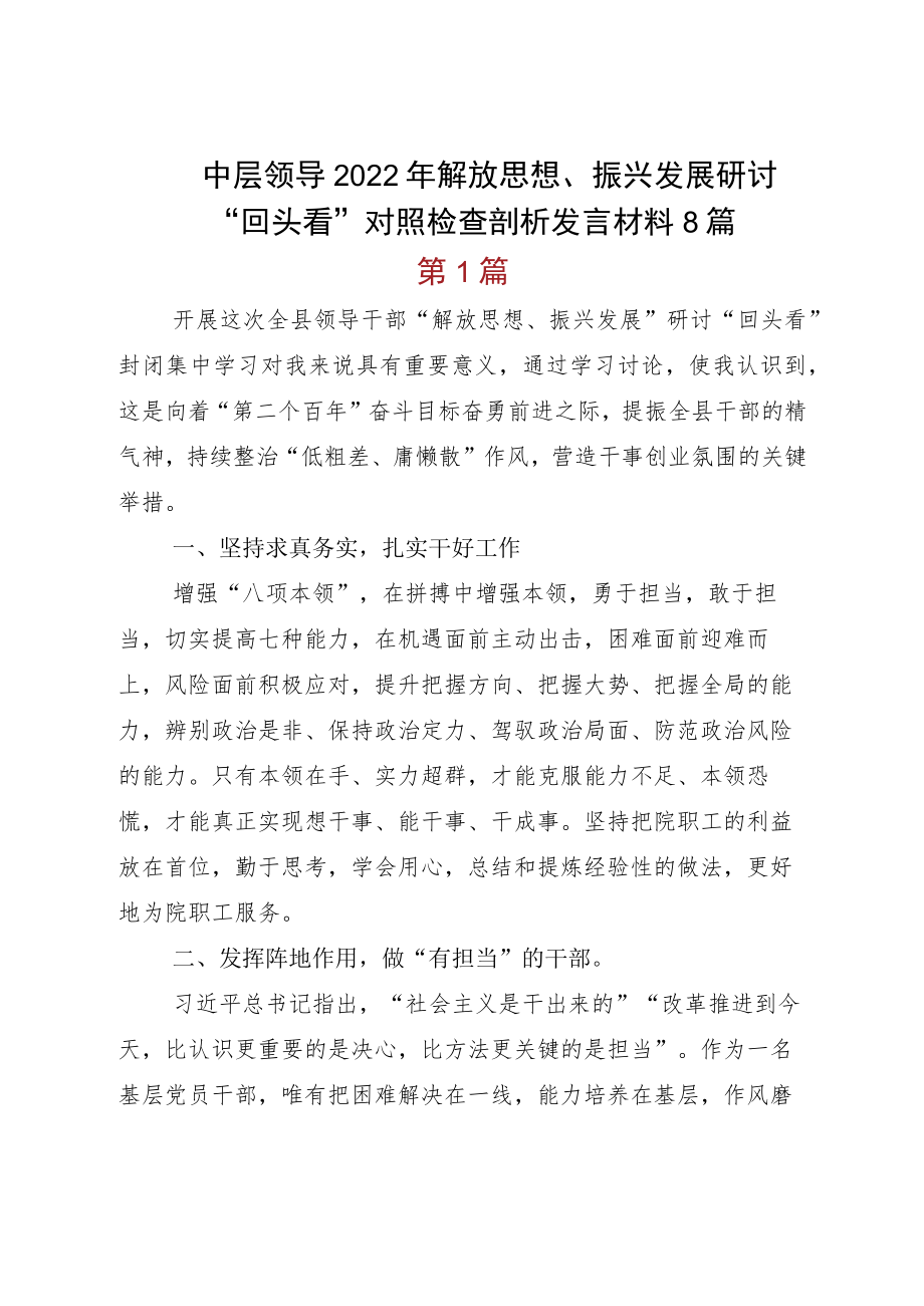 中层领导2022解放思想、振兴发展研讨“回头看”对照检查剖析发言材料8篇.docx_第1页