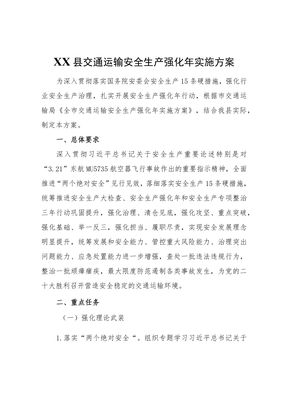 XX县交通运输安全生产强化实施方案(1).docx_第1页