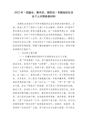 2篇2022“迎盛会、聚共识、强担当”专题组织生活会个人对照检查材料.docx