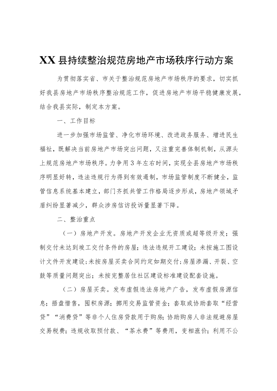 XX县持续整治规范房地产市场秩序行动方案.docx_第1页