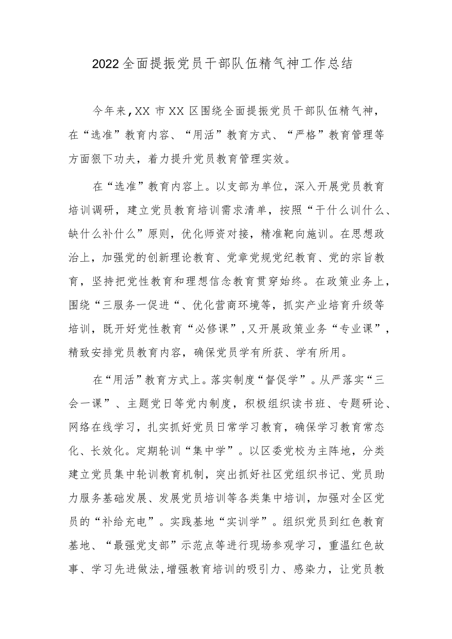 2022全面提振党员干部队伍精气神工作总结.docx_第1页