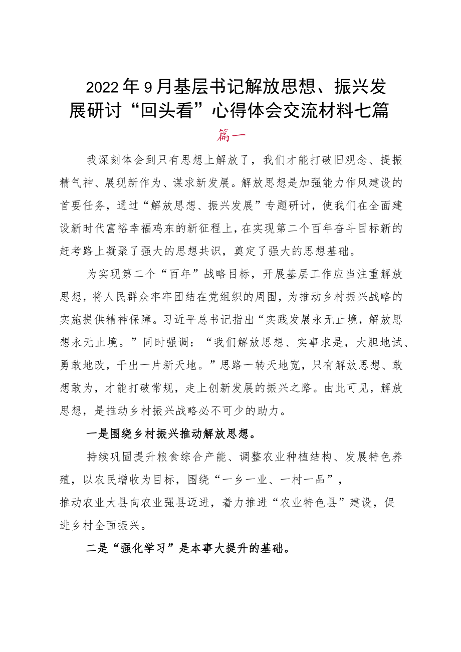 20229月基层书记解放思想、振兴发展研讨“回头看”心得体会交流材料七篇.docx_第1页