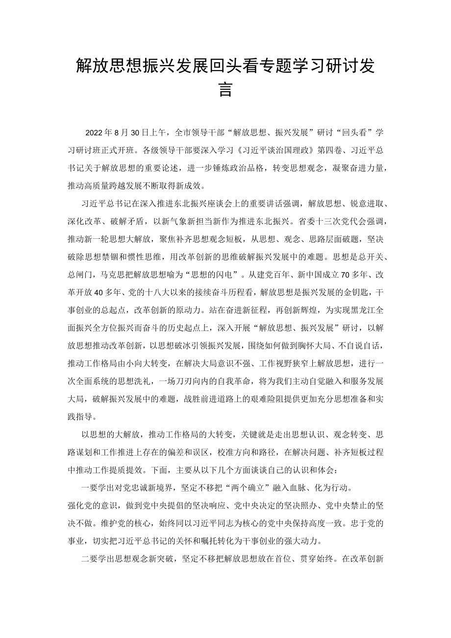 2022解放思想振兴发展回头看专题学习研讨发言材料.docx_第1页