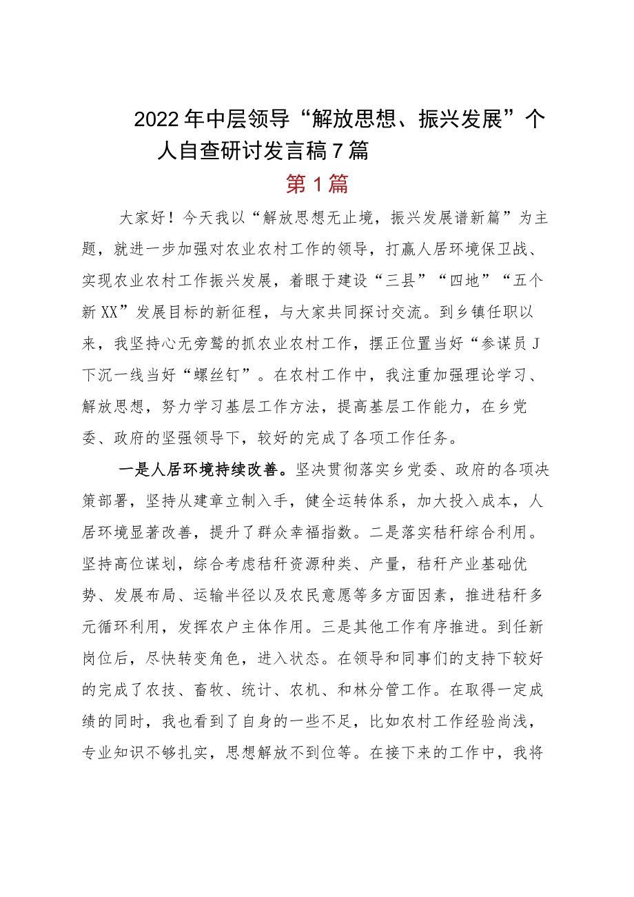 2022中层领导“解放思想、振兴发展”个人自查研讨发言稿7篇.docx_第1页