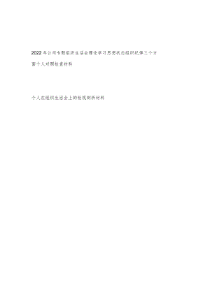 2022公司专题组织生活会理论学习思想状态组织纪律三个方面个人对照检查材料+个人在组织生活会上的检视剖析材料.docx