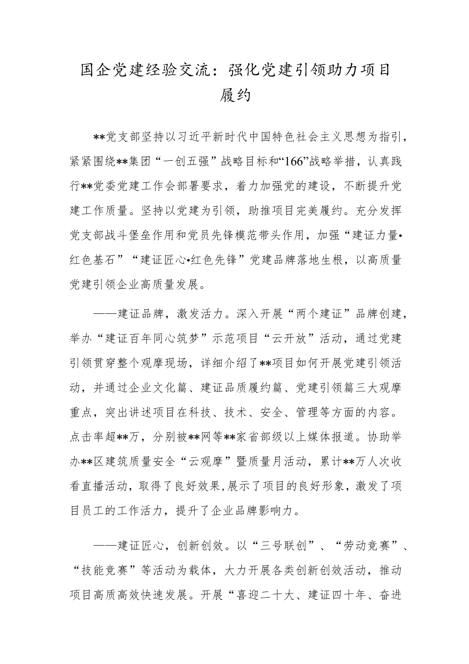 国企党建经验交流：强化党建引领 助力项目履约.docx_第1页