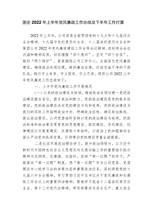 国企公司2022上半党风廉政工作总结及下半工作打算.docx