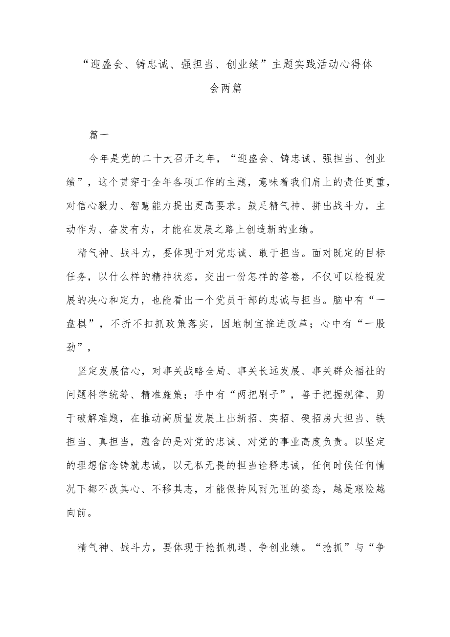 “ 迎盛会 、铸忠诚、强担当、创业绩 ” 主题实践活动心得体会两篇.docx_第1页