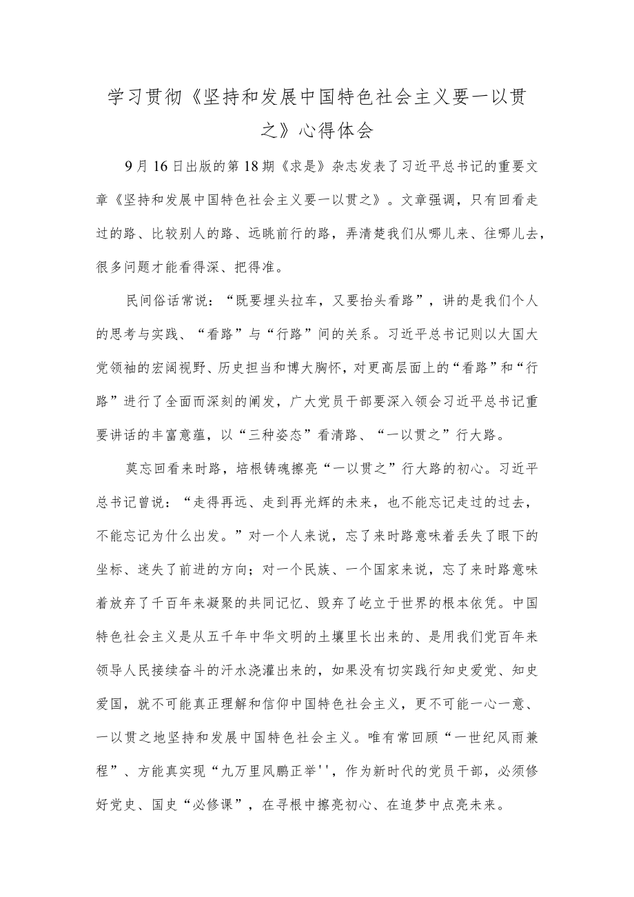 学习贯彻《坚持和发展中国特色社会主义要一以贯之》心得体会.docx_第1页