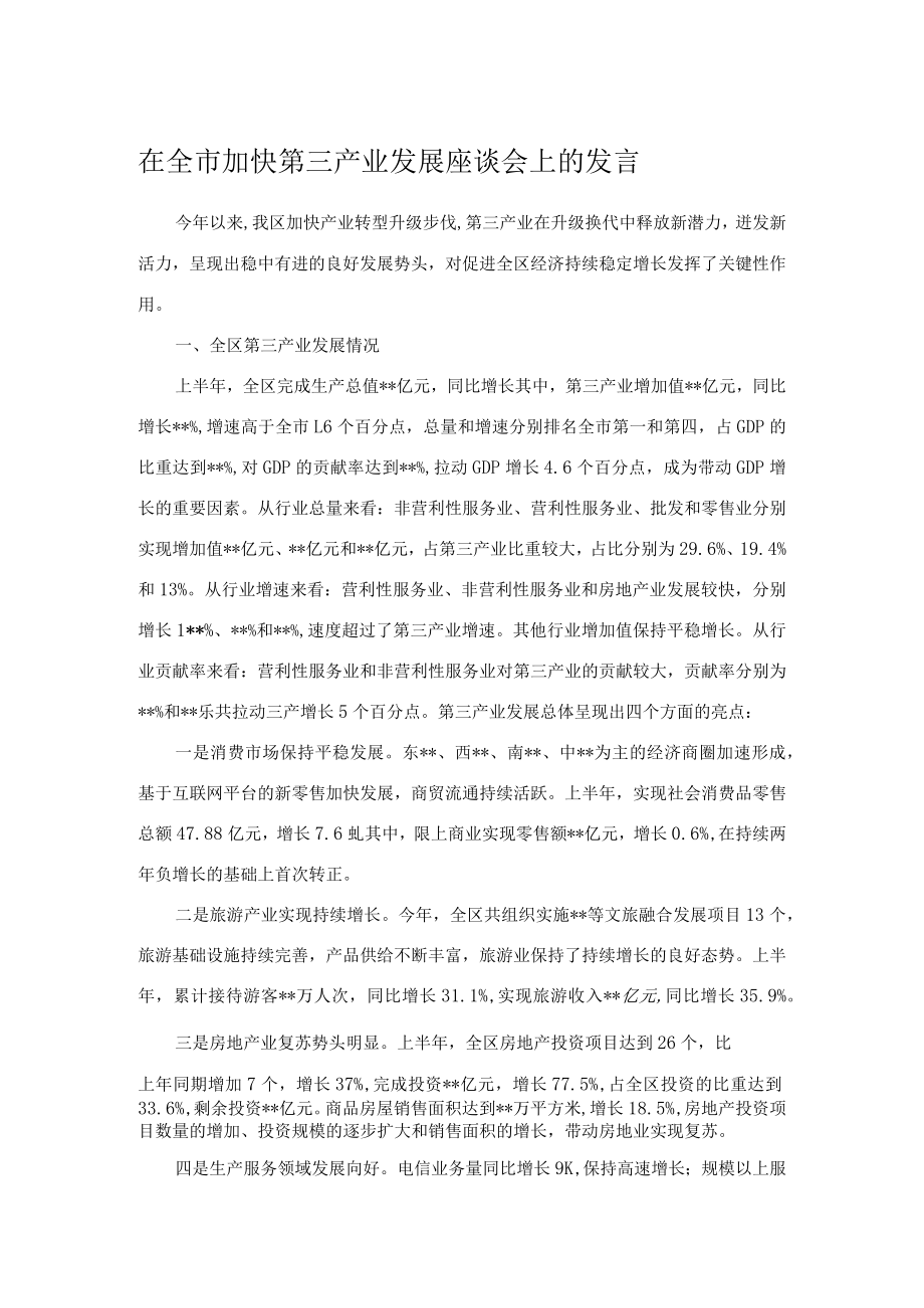 在全市加快第三产业发展座谈会上的发言.docx_第1页