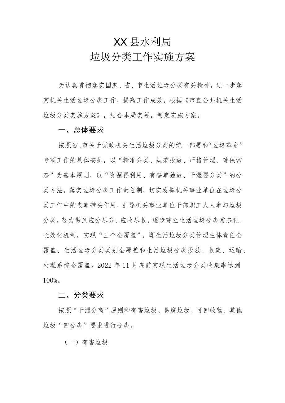 XX县水利局垃圾分类工作实施方案.docx_第1页