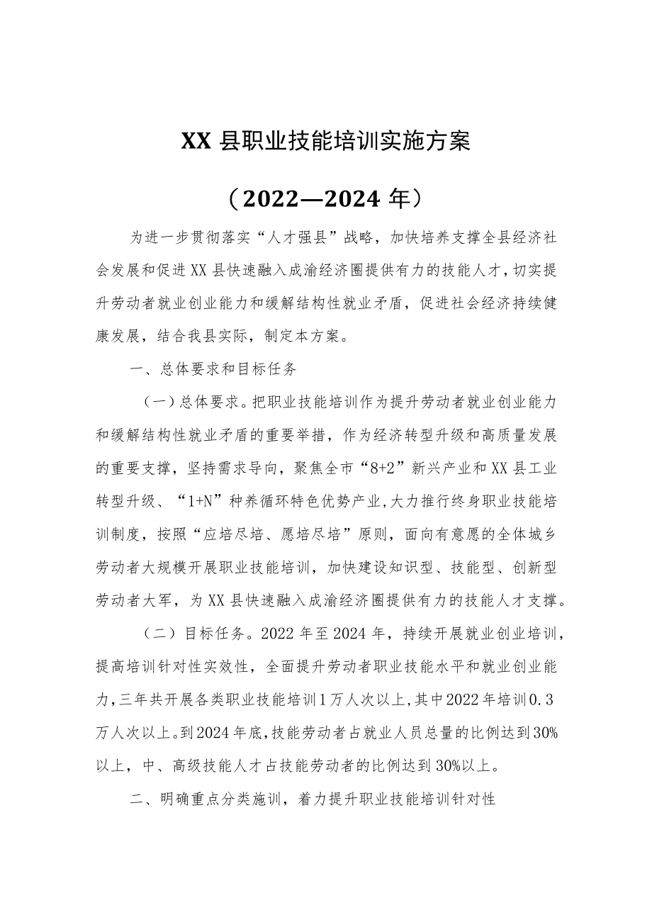 XX县职业技能培训实施方案.docx_第1页