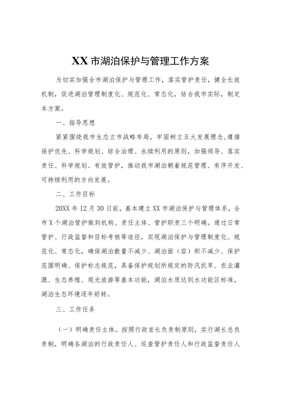 XX市湖泊保护与管理工作方案.docx_第1页