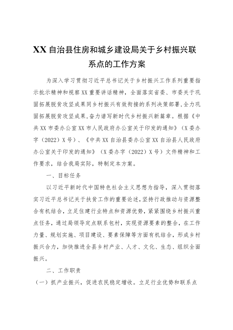 XX自治县住房和城乡建设局关于乡村振兴联系点的工作方案.docx_第1页