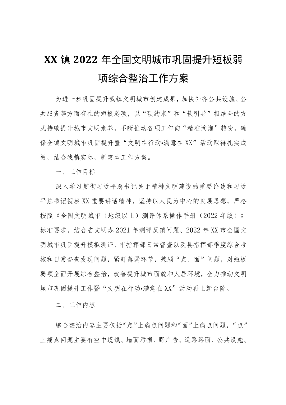 XX镇2022年全国文明城市巩固提升短板弱项综合整治工作方案.docx_第1页