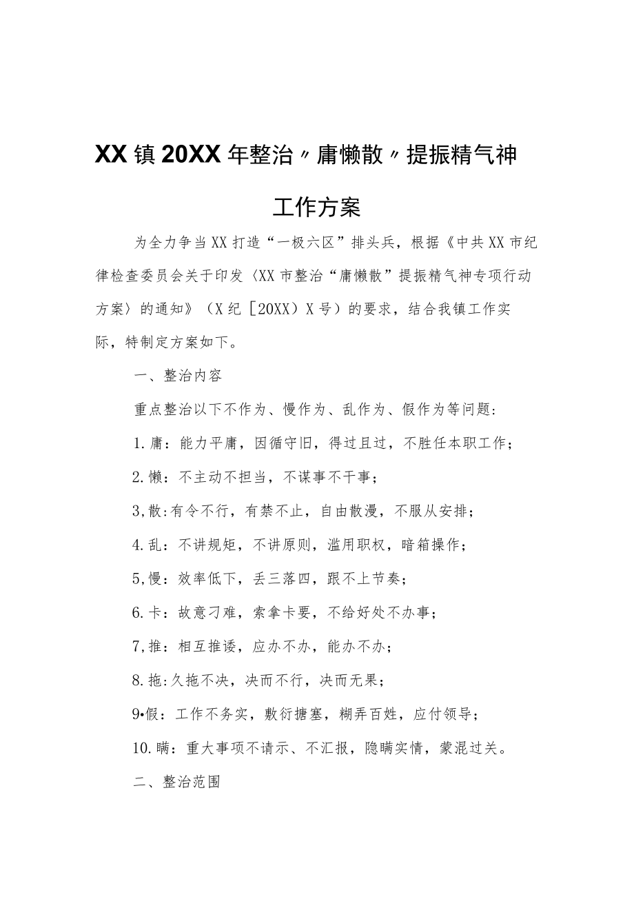 XX镇2022年整治“庸懒散”提振精气神工作方案.docx_第1页