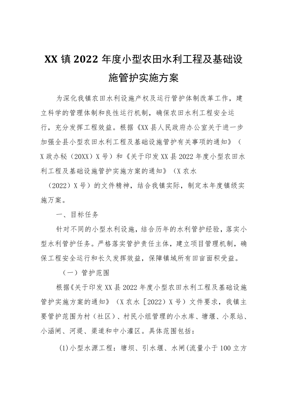 XX镇2022年度小型农田水利工程及基础设施管护实施方案.docx_第1页