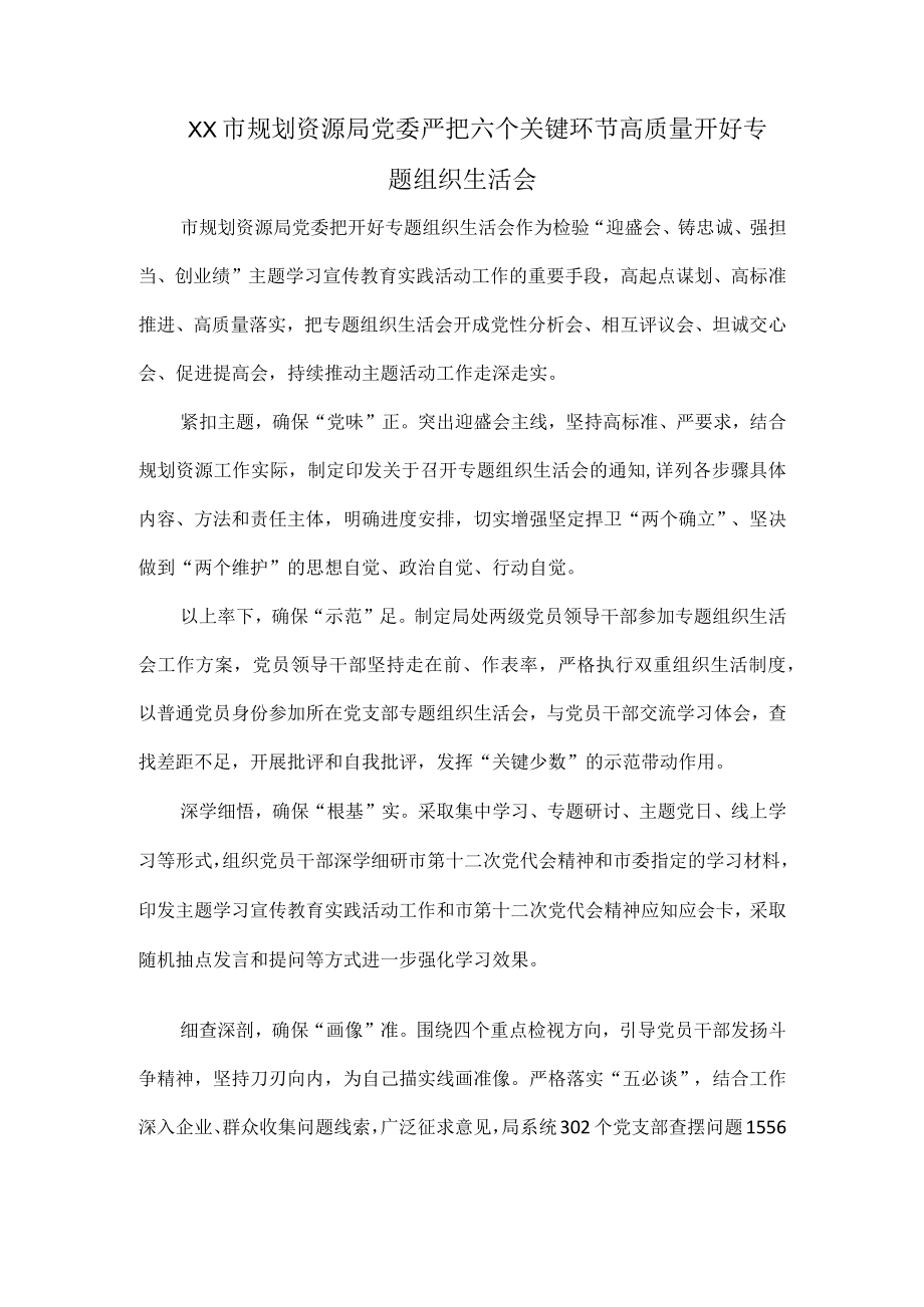 XX市规划资源局党委严把六个关键环节高质量开好专题组织生活会.docx_第1页