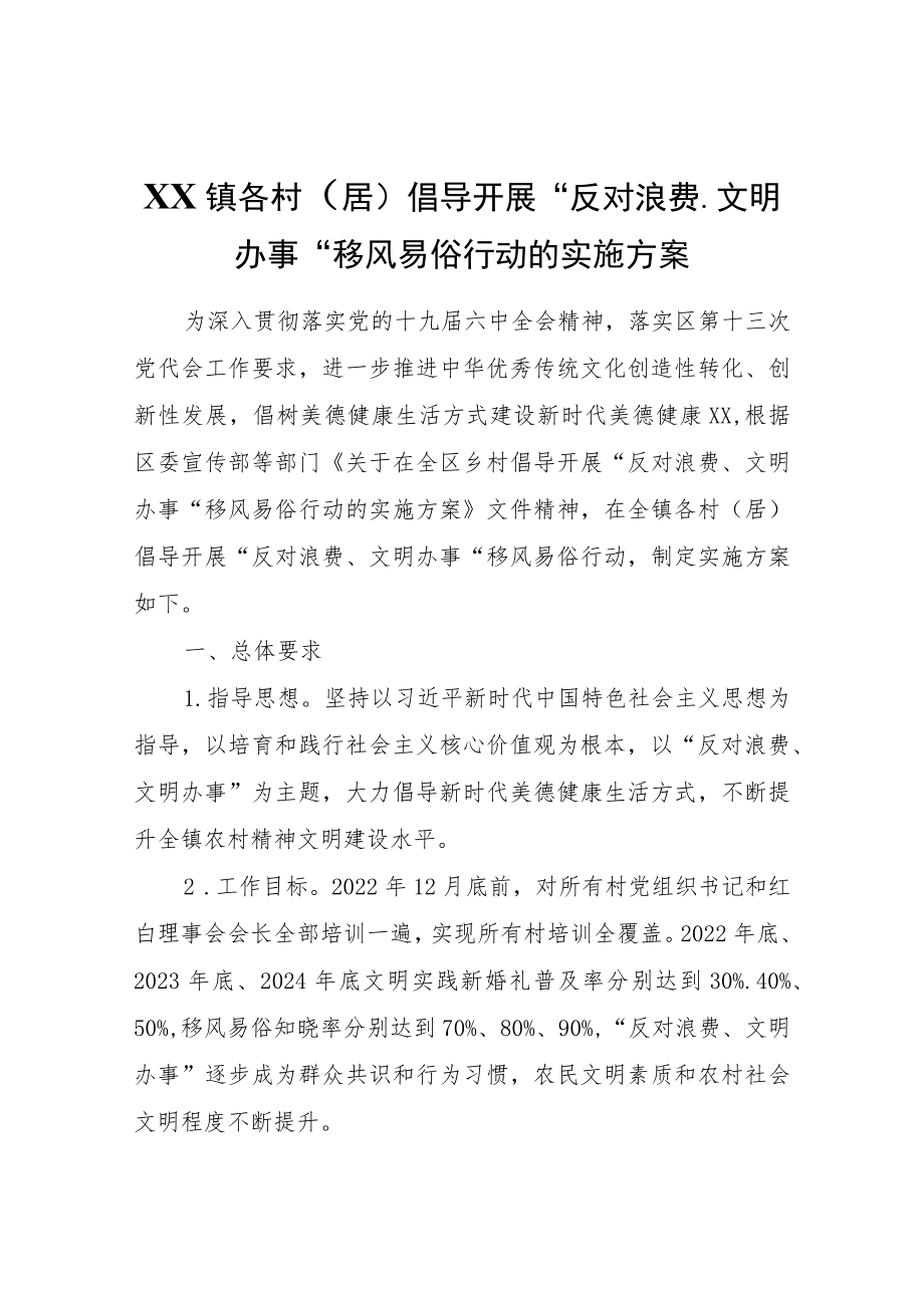 XX镇各村（居）倡导开展“反对浪费、文明办事”移风易俗行动的实施方案.docx_第1页