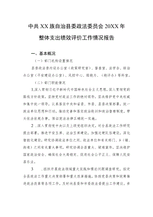 中共XX族自治县委政法委员会20XX年整体支出绩效评价工作情况报告（20220722）.docx