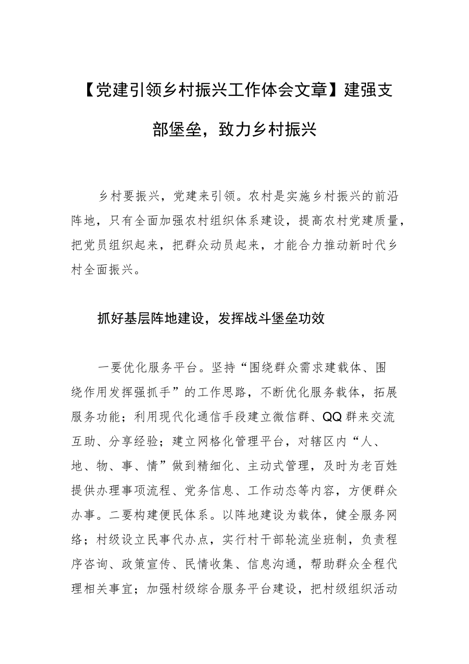 【党建引领乡村振兴工作体会文章】建强支部堡垒致力乡村振兴.docx_第1页