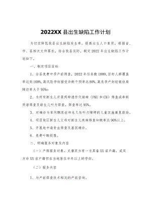 2022XX县出生缺陷工作计划.docx