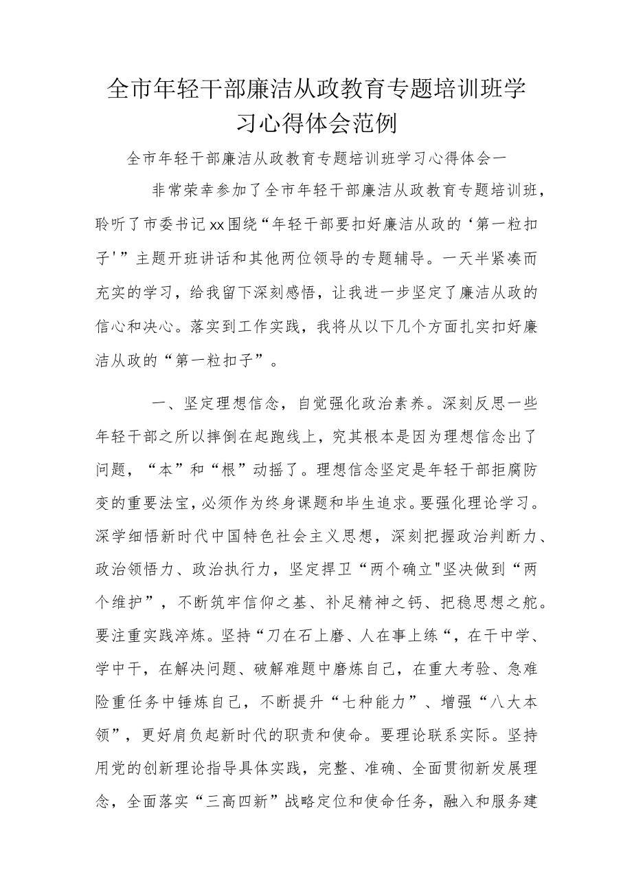 全市年轻干部廉洁从政教育专题培训班学习心得体会范例.docx_第1页