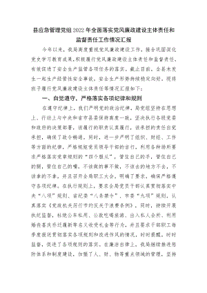 县应急局2022年全面落实党风廉政建设主体责任和监督责任工作情况汇报.docx