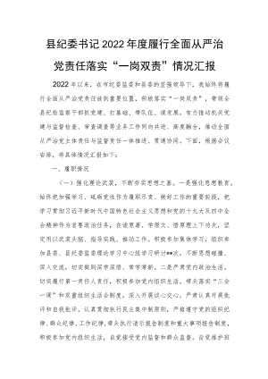 县纪委书记2022年度履行全面从严治党责任落实“一岗双责”情况汇报.docx