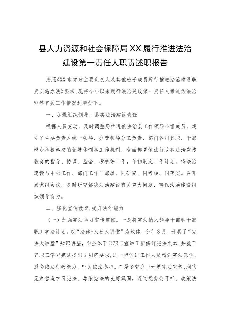 县人力资源和社会保障局XX履行推进法治建设第一责任人职责述职报告.docx_第1页