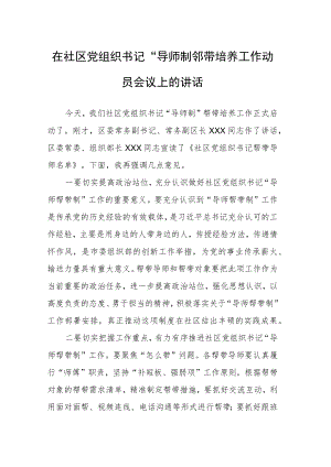 在社区党组织书记“导师制”帮带培养工作动员会议上的讲话.docx