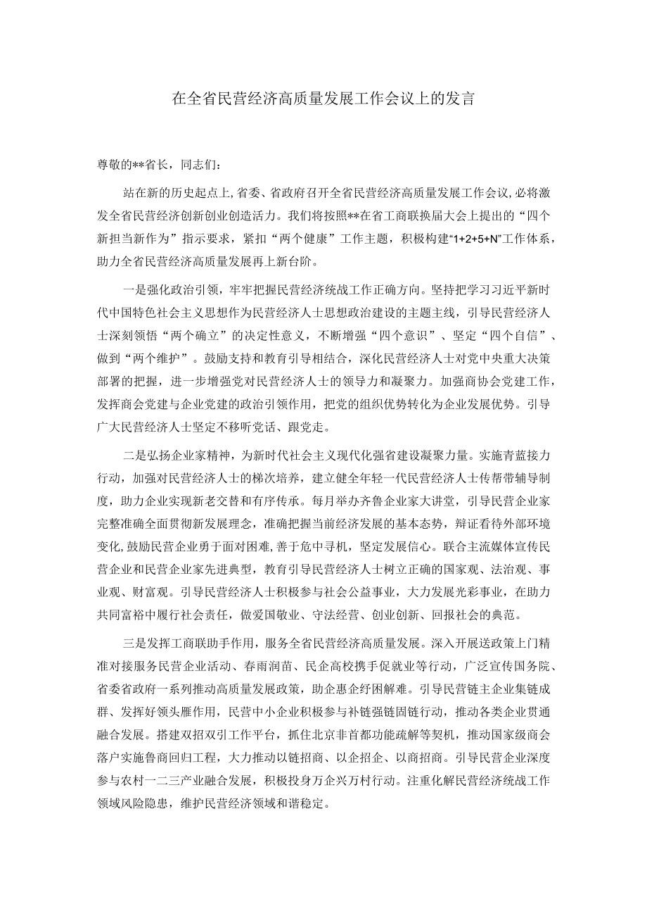 在全省民营经济高质量发展工作会议上的发言.docx_第1页