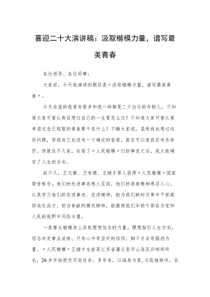 喜迎二十大演讲稿：汲取楷模力量谱写最美青春(1).docx