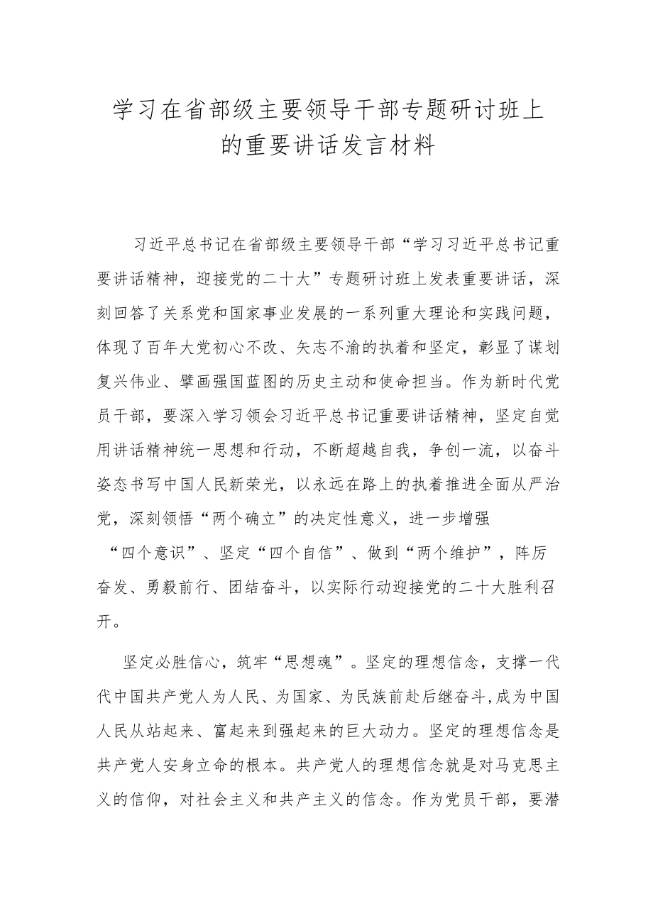 学习在省部级主要领导干部专题研讨班上的重要讲话发言材料（共两篇）.docx_第1页