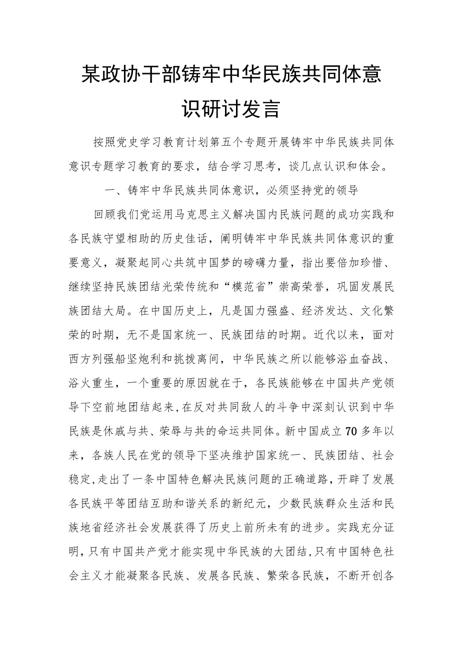 某政协干部铸牢中华民族共同体意识研讨发言.docx_第1页
