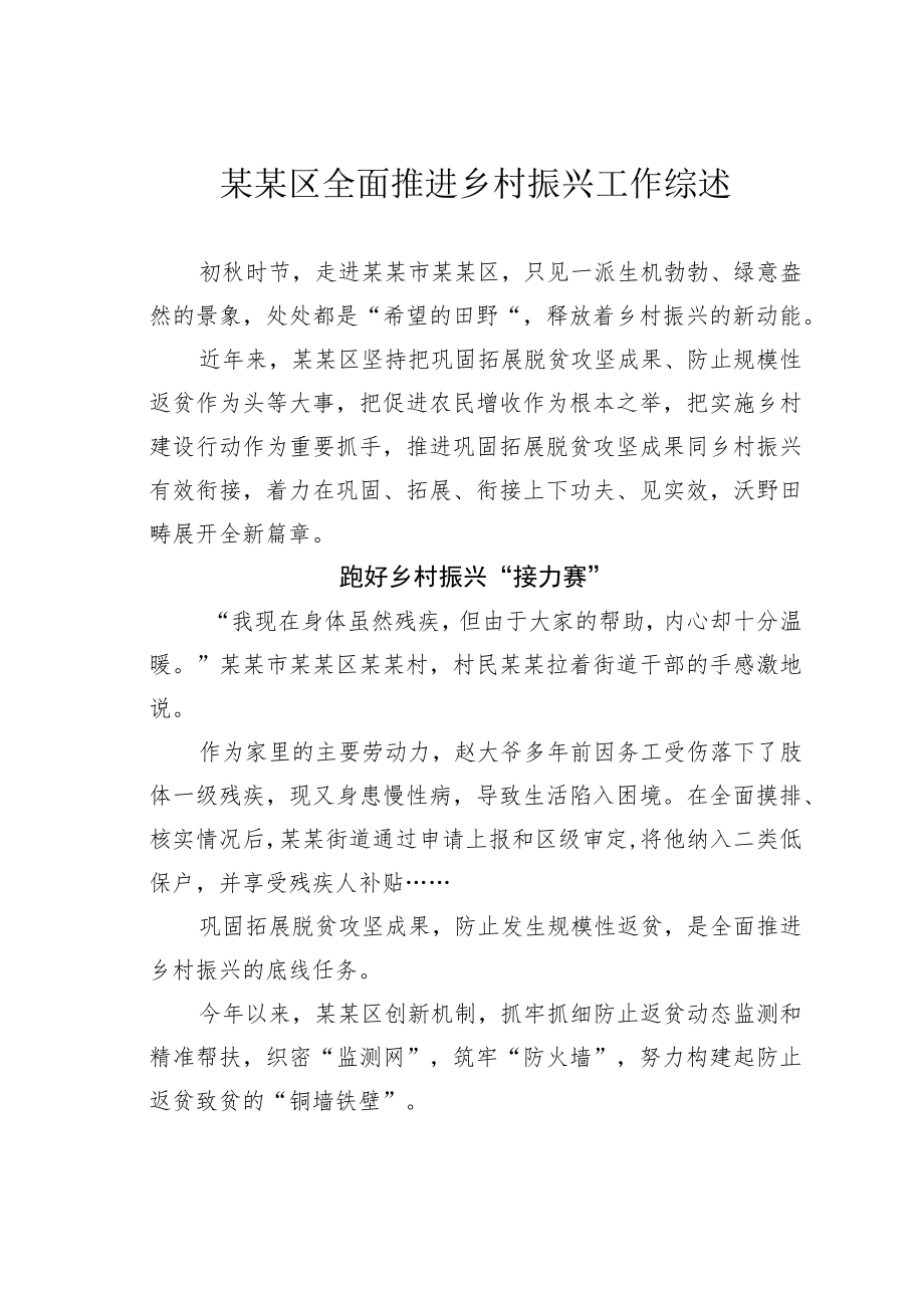 某某区全面推进乡村振兴工作综述.docx_第1页