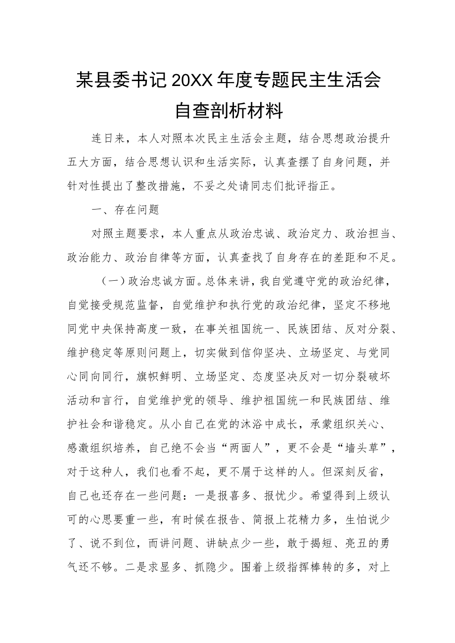 某县委书记2022年度专题民主生活会自查剖析材料.docx_第1页
