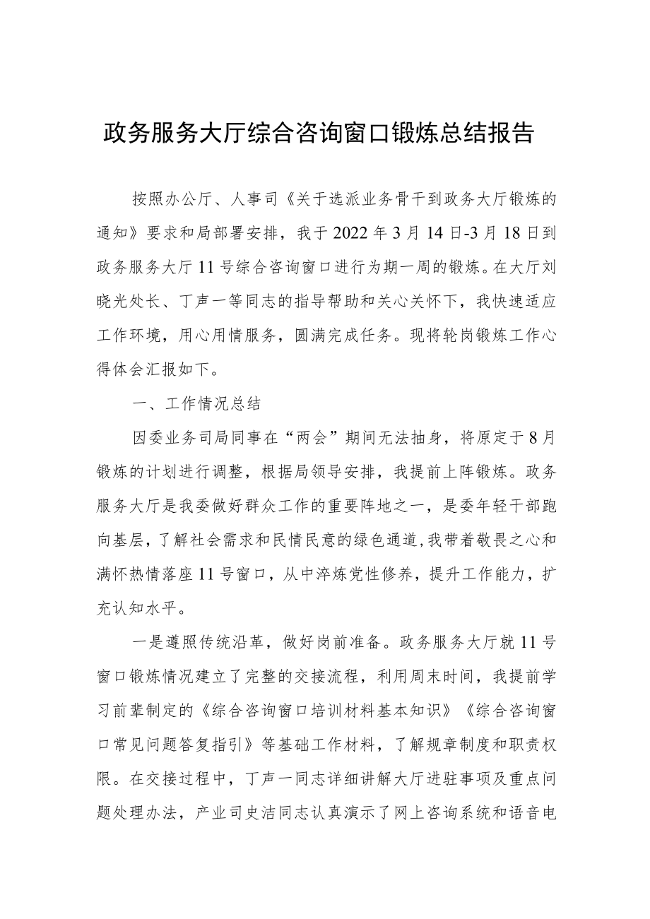 政务服务大厅综合咨询窗口锻炼总结报告.docx_第1页