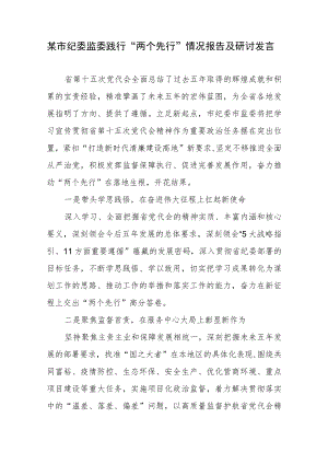 某市纪委监委践行“两个先行”情况报告及研讨发言.docx