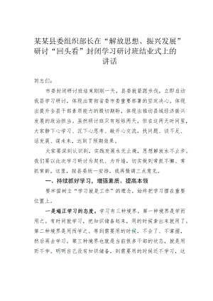 某某县委组织部长在“解放思想、振兴发展”研讨“回头看”封闭学习研讨班结业式上的讲话.docx