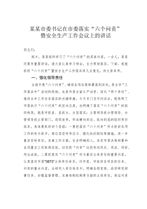 某某市委书记在市委落实“六个问责”暨安全生产工作会议上的讲话.docx